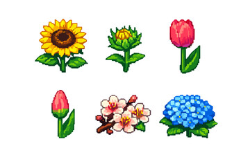Floral icon set. Containing sunflower, tulip, rose, lotus, daisy, lily, blossom, and hydrangea.
