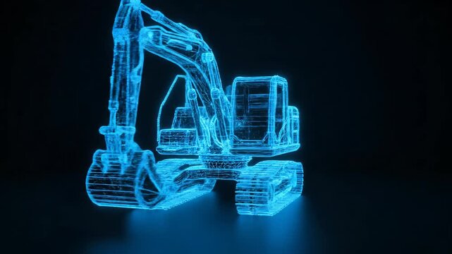 Holographic blue wireframe model of a heavy hydraulic excavator rotating on a dark reflective surface against a black background. Concept of digital engineering and construction technology