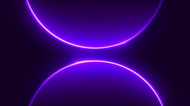 Abstract futuristic background with glowing purple neon curved lines on dark surface. Smooth light arcs forming modern digital wave pattern. Perfect for technology, sci-fi, intro, presentations