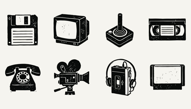 Vintage 80s and 90s Gadgets Grunge Linocut Set