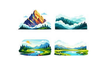 Nature icons set. Featuring mountains, rivers, forests, landscapes, sun, clouds, lakes, and valleys.