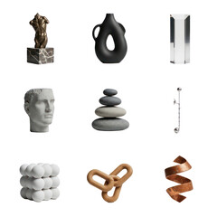 A curated collection of nine distinct abstract sculptures and decorative objects presented against a clean white background, showcasing diverse materials and forms.