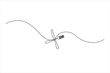 Obraz premium Minimalist continuous line drawing of crossed knife and fork. Perfect for restaurant branding, cafe menus, catering services, and dining decor.