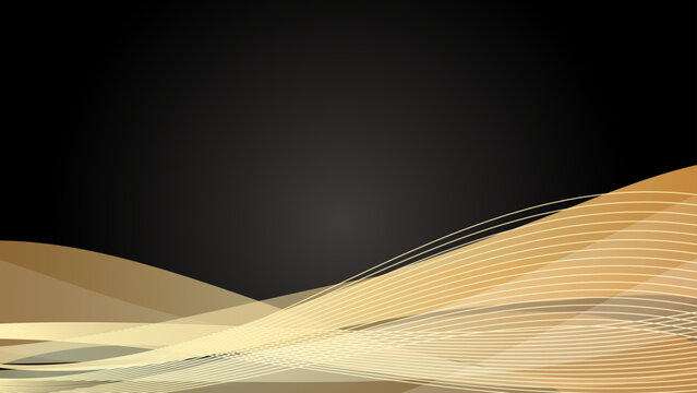 黒背景に映える高級感ゴールドウェーブの抽象ビジネス背景 16:9