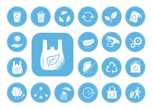 Compostable biodegradable material icons set for sustainable goods, products, packaging and ecological projects. Vector elements are made with high contrast, well suited to different scales. EPS10.