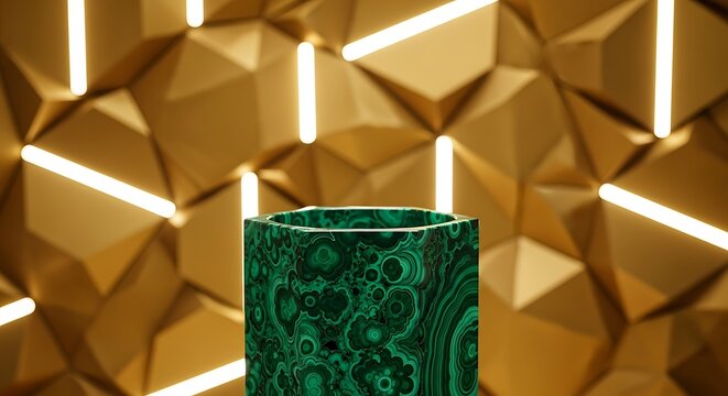 Luxurious Malachite Vase on Gold Geometric Background with Modern Lighting