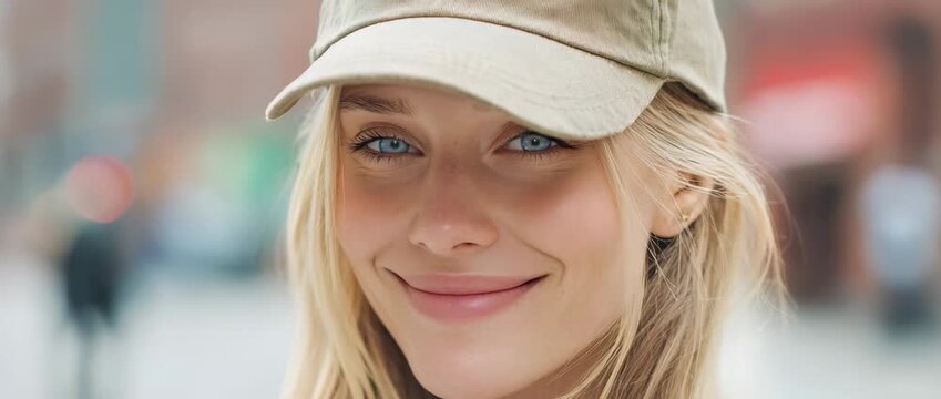 Beautiful Young American Woman with Blonde Hair Wearing a Beige Baseball Cap