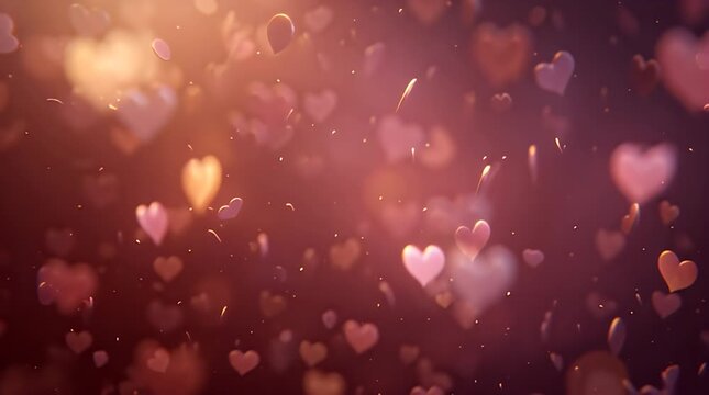 Heart particles and soft bokeh lights dance in the air with love and affection in a festive atmosphere