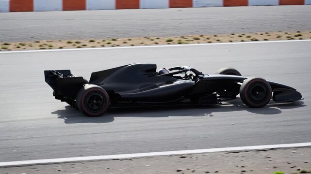 Race car formula 1 on the paved circuit, blur motion, high speed, fast vehicle side view	