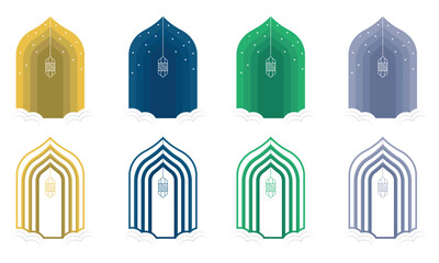 Set of islamic arch entrance gate with lantern, gradient color and outline versions, modern flat design concept for eid mubarak