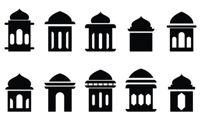 Set of mosque dome and minaret icons collection, traditional islamic building elements in black silhouette vector illustration