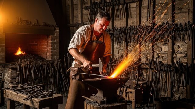 A blacksmith forges metal, sparks flying in a rustic workshop with a warm fireplace