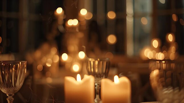 Soft candle lights and heart-shaped bokeh particles on a luxurious dining table setting at a fancy dinner event indoors