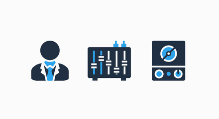 Obraz premium Audio production icons: professional, sound mixer console, and vintage turntable, representing music creation, DJing, and audio engineering.