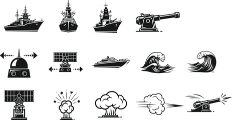 Military naval warfare icon set with battleships radar cannons explosions waves and combat equipment for defense strategy design vector © MstSalina