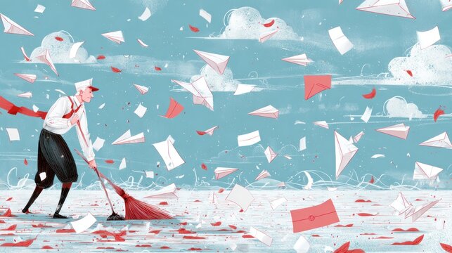 A postal worker sweeps scattered paper airplanes and letters across a blue and white landscape
