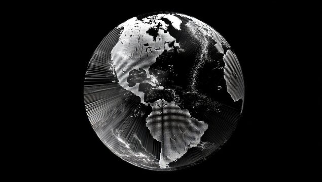 Digitized Earth globe rendered in grayscale against a black background, with visible landmasses