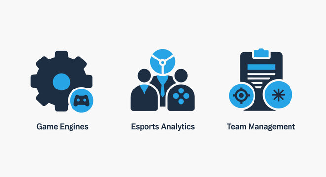 Gaming and team management icons: game engine gear, esports analytics with people and controllers, and team management clipboard