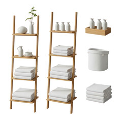 Minimalist bathroom storage featuring wooden shelves with neatly stacked white towels, ceramic vases, and a small green plant. Isolated on a white background for versatile design use.