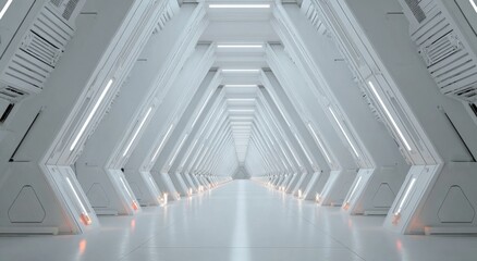 Obraz premium Futuristic, bright, geometric hallway with repeating angular panels and fluorescent lighting