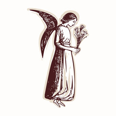 Fototapeta premium Angel Gabriel with wings and holding lily flowers for annunciation motif. Hand drawn black and white vector motif for bible study aesthetic for women journaling archangel gabriel faith graphic pic