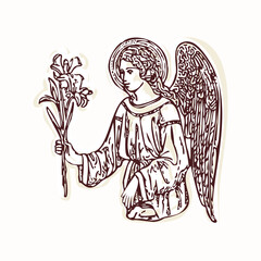Fototapeta premium Angel Gabriel with wings and holding lily flowers for annunciation motif. Hand drawn black and white vector motif for bible study aesthetic for women journaling archangel gabriel holy faith graphic