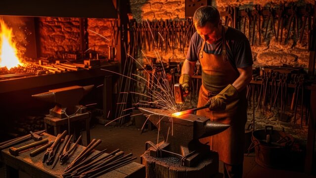 A blacksmith forges metal in a dimly lit workshop, sparks flying as hammer strikes anvil