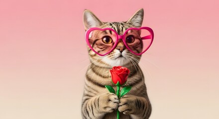 Cute tabby cat wearing heart-shaped glasses holds a red rose on pink background.