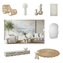 Collection of minimalist interior design elements including a rattan chair sofa coffee table console table round rug and decorative items on a white background.