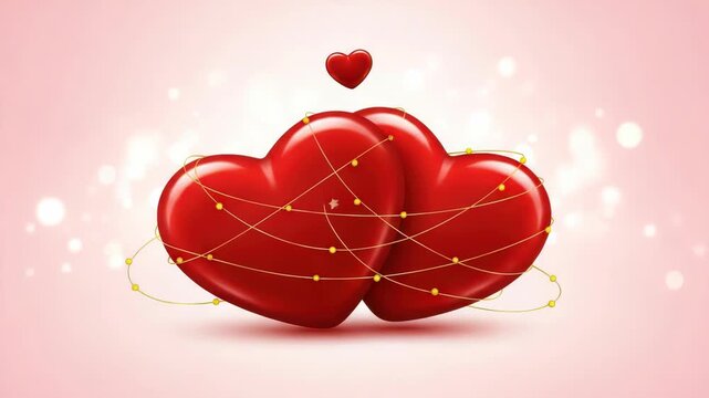 Two red hearts with string lights on a pink background for valentines day