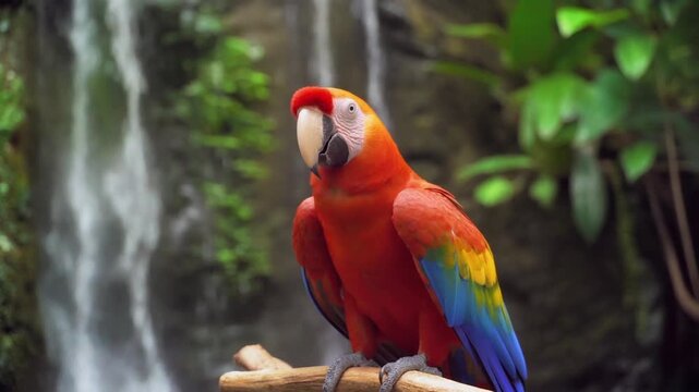 A vibrant macaw perched gracefully in front of a cascading waterfall. This image is a burst of color and a celebration of the beauty of the natural world.