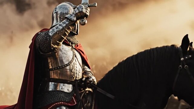 A medieval knight on horseback charges into battle with a sword in hand in a dramatic video