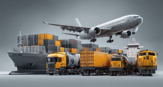 Composite image showing various transportation modes and containers on a neutral background
