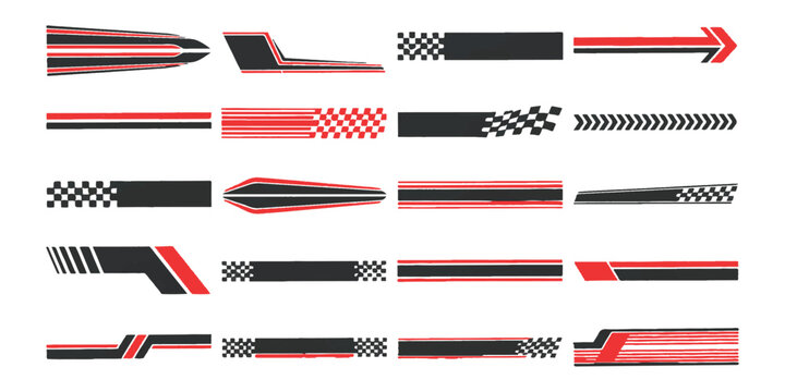 Automotive racing stripes and car decal collection vector illustration with checkered pattern