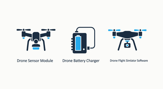 Icons illustrating drone components: sensor module, battery charger, and flight simulator software for aerial technology.