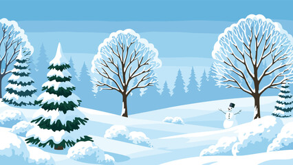 Fototapeta premium Peaceful winter landscape featuring snow covered pine trees and bare branches under a soft blue sky with a distant snowman.