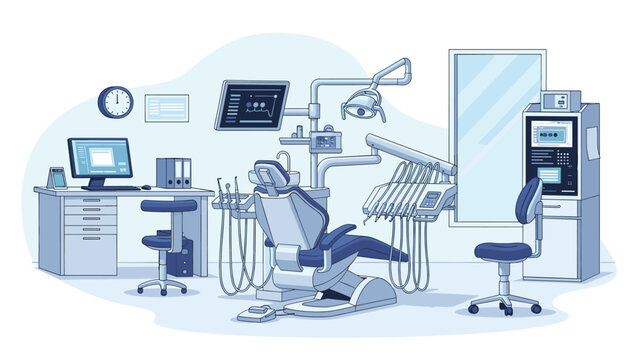 Modern dental clinic interior with a professional dentist chair medical equipment computer desk and large window.