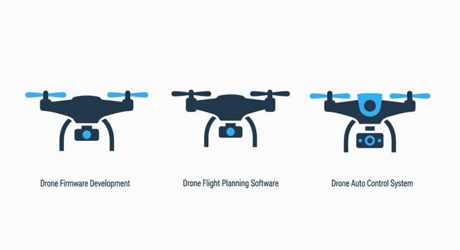 Drone technology icons: firmware development, flight planning software, auto control system. Advanced UAV technology for autonomous flight.