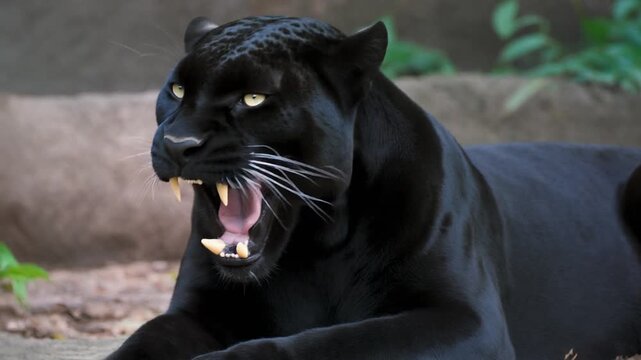 An intimidating black panther, showcasing its powerful nature with an open mouth and sharp teeth. The animal's intense gaze and sleek coat capture its strength