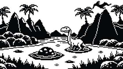 Pixel Art 1-Bit Dinosaur Egg Nest Swamp Landscape Scene © revpy