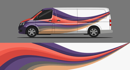 Colorful wrapped passenger van with flowing rainbow graphics and abstract stripe design featuring bold, modern decorative aesthetics. © Lailatul