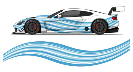 Blue racing sports car with aerodynamic lines and flowing blue waves. © Lailatul