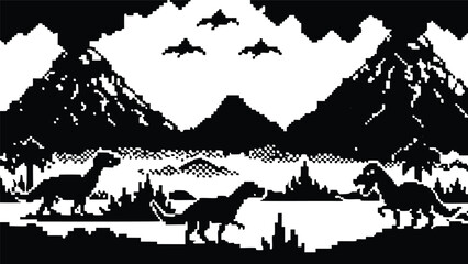 Pixel Art 1-Bit Volcano Eruption Raptor Dinosaur Landscape © revpy