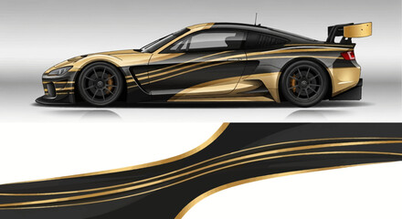 Gold and black racing sports car with stylized swoosh graphics and aerodynamic design. © Lailatul