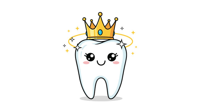Happy little cartoon tooth wearing a golden royal crown and a sparkling halo to celebrate perfect dental health and pediatric tooth success.