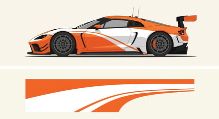 Dynamic orange race car with bold streamline design and graphic swoosh illustration. © Lailatul