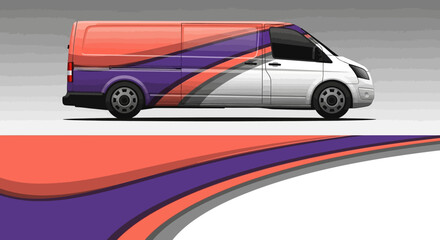 Colorful wrapped van with bold graphic stripes and branding design. © Lailatul