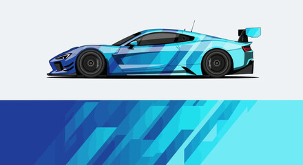 Blue sports car illustration featuring a sleek aerodynamic racecar with futuristic lines and dynamic motion. © Lailatul