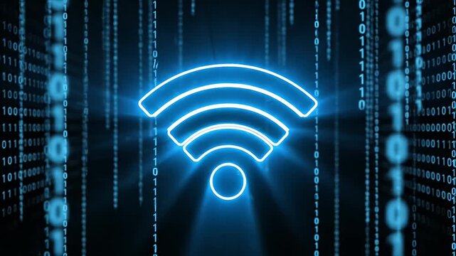 Glowing wifi symbol in digital rain indicating wireless network data.