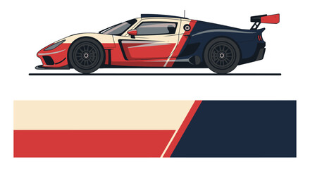 Fototapeta premium Stylized red and blue race car illustration with dynamic racing stripes and design elements.